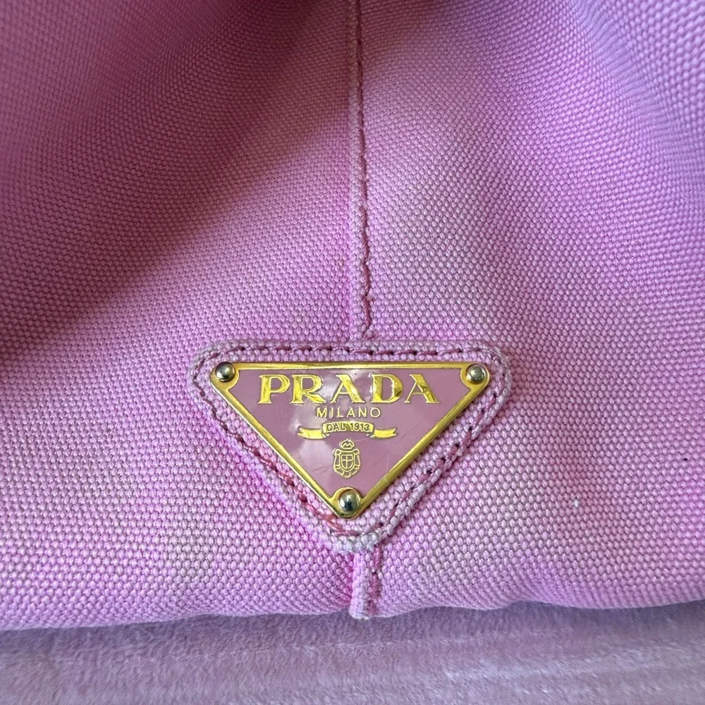 💯Authentic PRADA CANAPA Pink Canvas Logo Tote - Picture 6 of 17